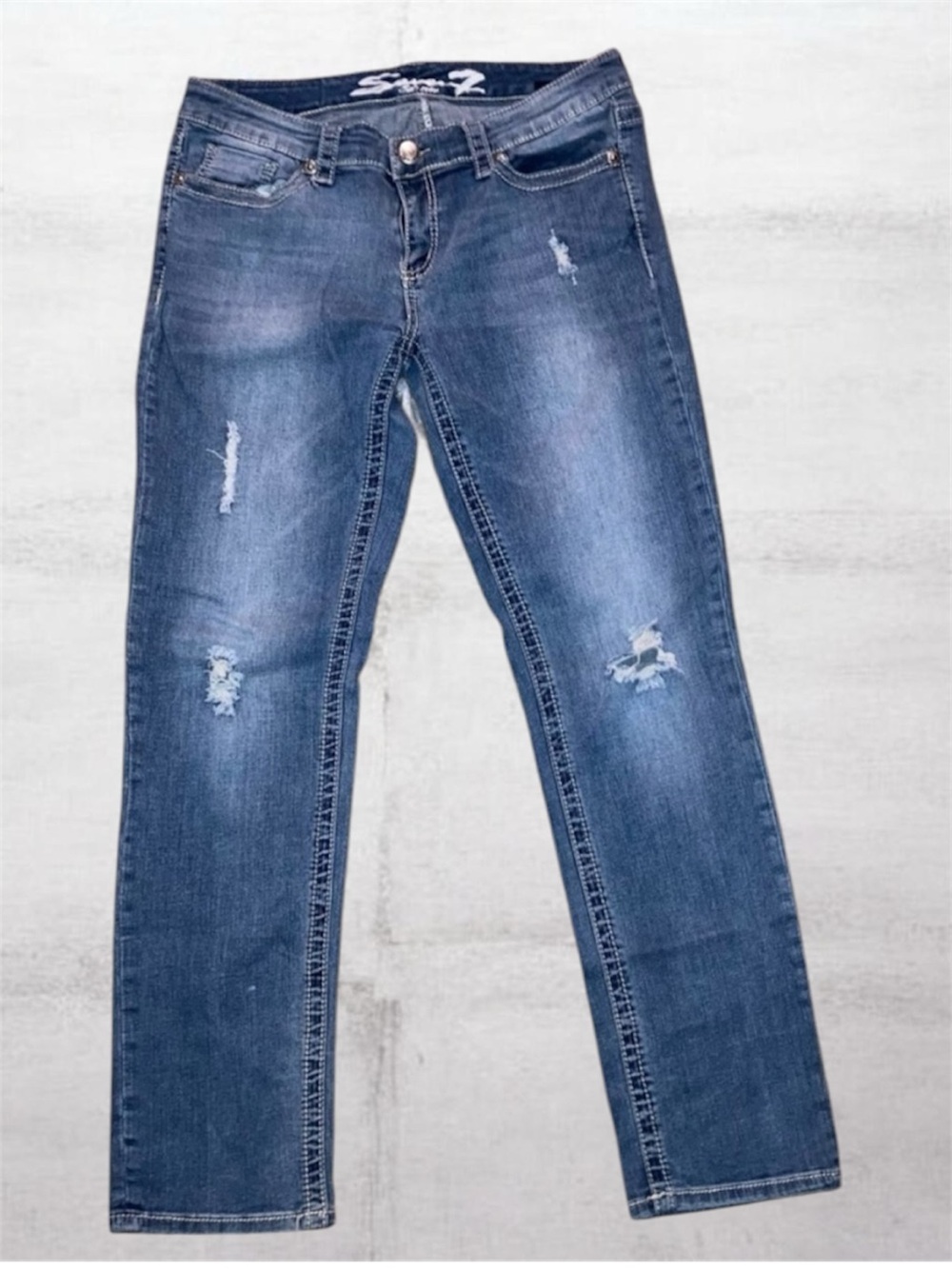 Women's Seven7 Est 1964 Distressed Blue Denim Slim Straight Jeans Size 31 | Y2K